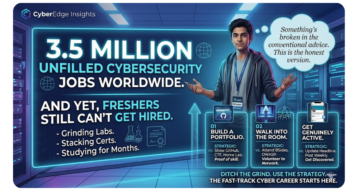 Infographic for a cybersecurity career guide titled "3.5 Million Unfilled Cybersecurity Jobs Worldwide." It contrasts the struggle of freshers who "can't get hired" despite cert stacking with a three-step strategy to start a cybersecurity career faster: 01 Build a Portfolio (GitHub/Labs), 02 Walk into the Room (BSides/Networking), and 03 Get Genuinely Active (LinkedIn). Features a young professional in a server room environment.