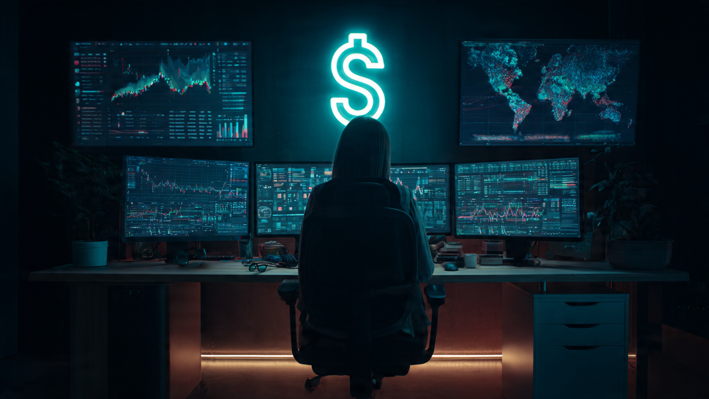 A cybersecurity professional sitting in front of multiple monitors with financial graphs and rising salary charts, glowing dollar symbols integrated into digital interface, modern office setup, blue and green neon lighting.jpeg