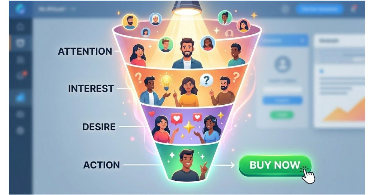 AIDA is highly effective for landing pages, sales emails, ads, and product descriptions. Here is a conceptual illustration of how the AIDA funnel flows.jpg